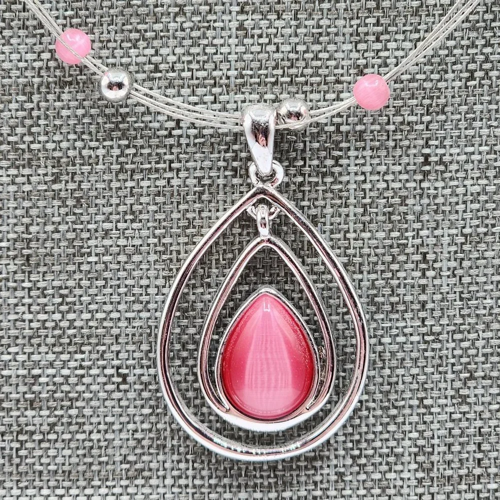 LIA SOPHIA COTTON CANDY Silver Pink Teardrop Floating Bead Signed Necklace